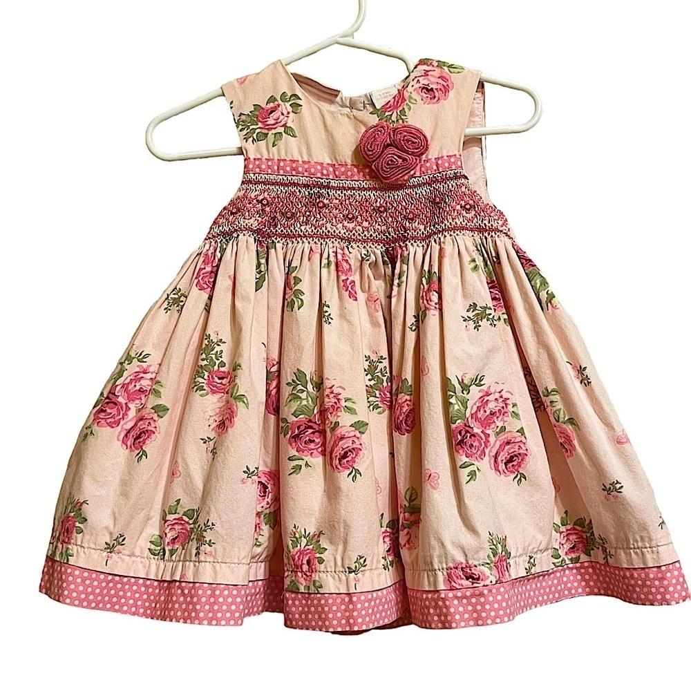 First Impressions Pink Rose Floral Butterflies Sleeveless Smocked Dress 6-9 M